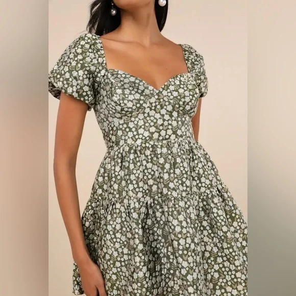Lulus Confident Sweetheart Olive Floral Jacquard Tiered Mini Dress Green - Picture 3 of 7